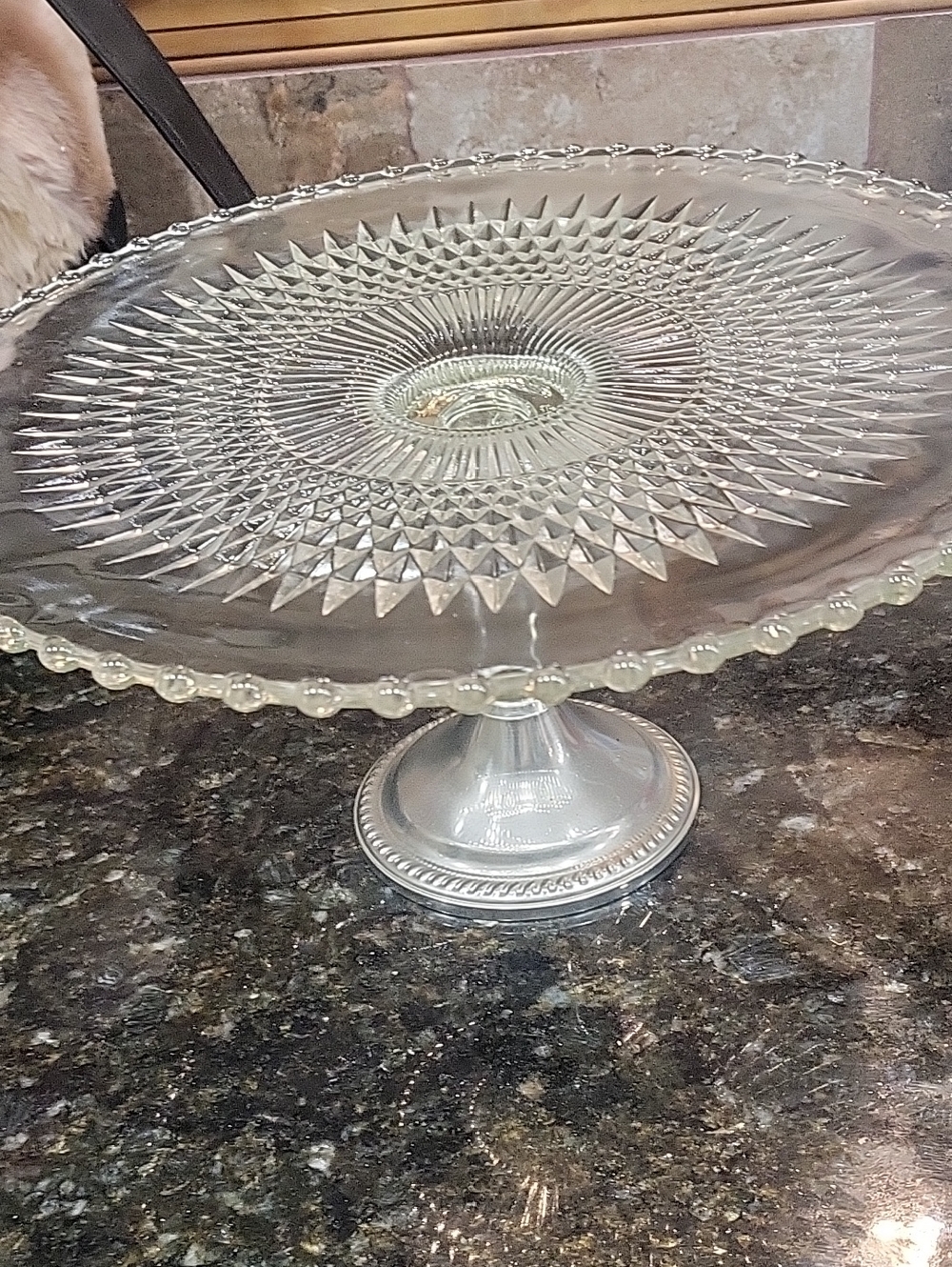 Vintage Duchin Creation Sterling Silver Base Glass Cake Stand w/Beaded Edge